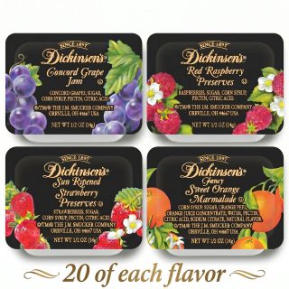Dickinson's Jam Variety Pack 80 Count, 4 Flavors Jam, Marmalade and Preserves Assortment