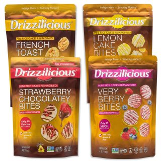 Drizzilicious Mini Rice Cake Bites Variety Pack, Chocolate Strawberry, Birthday Cake, French Toast & Lemon Cake Drizzle, 4 Bags