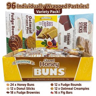 Fieldstone Bakery Variety Pack, Ultimate Assortment | Glazed Honey Buns, Donut Sticks, Fig Bars, Fudge Brownies, Oatmeal Cream Pies, Fudge Rounds