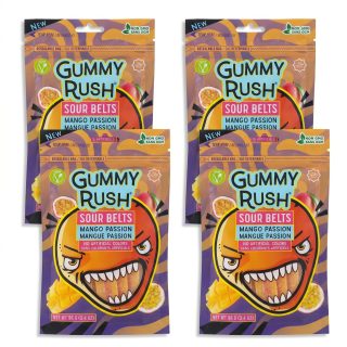 Gummy Rush Sour Belts, 3.4oz Bag, Non GMO, Real Fruit Juice, No Artificial Colors, Top 6 Allergen Free | Mango Passion