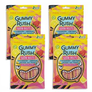 Gummy Rush Sour Belts, 3.4oz Bag, Non GMO, Real Fruit Juice, No Artificial Colors, Top 6 Allergen Free | Strawberry Lemonade
