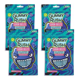 Gummy Rush Sour Belts, 3.4oz Bag, Non GMO, Real Fruit Juice, No Artificial Colors, Top 6 Allergen Free | Blue Raspberry