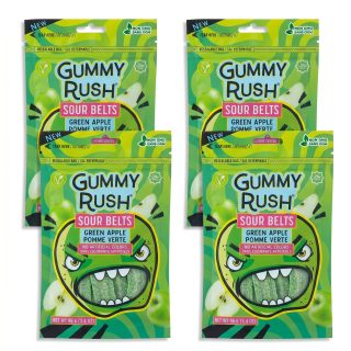 Gummy Rush Sour Belts, 3.4oz Bag, Non GMO, Real Fruit Juice, No Artificial Colors, Top 6 Allergen Free | Green Apple