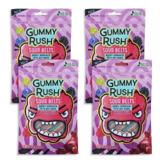 Gummy Rush Sour Belts, 3.4oz Bag, Non GMO, Real Fruit Juice, No Artificial Colors, Top 6 Allergen Free | Berry Bonanza
