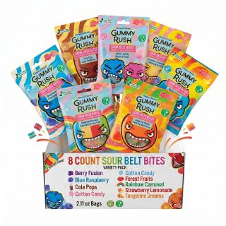 Gummy Rush Sour Belts Variety Pack | 8 Unique Flavors, Non GMO, Real Fruit Juice | Cola Pops, Strawberry Lemonade, Tangerine Dreams & More