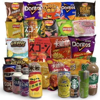 Imported Asian Japanese Chips and Drinks Sampler – 4 Unique Beverages, 6 Unique Chips | Rotating Variety, No Duplicates