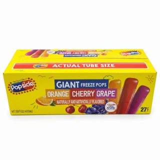 Popsicle Giant Freeze Pops, 27 Count Assorted Fruit Flavors, 15+ Inches Long, 5.5 oz Ice Pops, Orange, Cherry & Grape