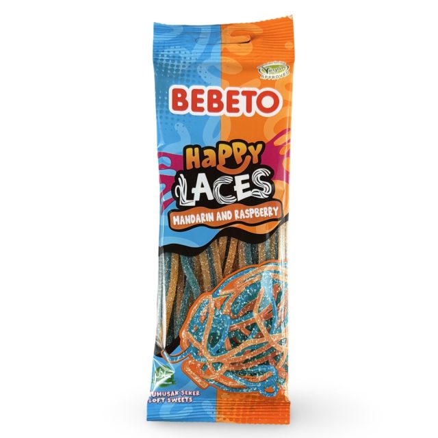 Bebeto Gummy  Happy Laces Mandarin and Raspberry Candy, Halal Certified, 2.65 Oz (Case of 12)
