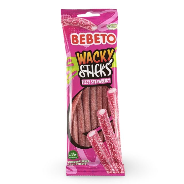 Bebeto Gummy  Wacky Sticks Fizzy Strawberry Candy, Halal Certified, 2.65 Oz (Case of 12)