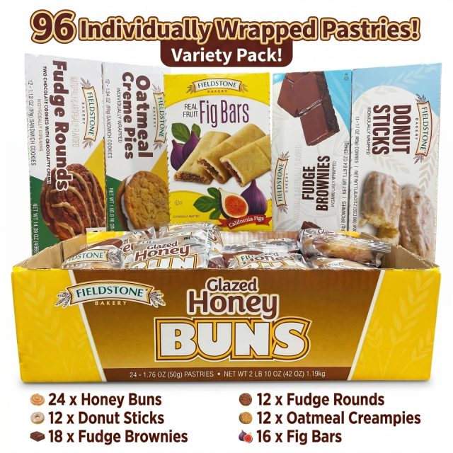 Fieldstone Bakery Variety Pack, Ultimate Assortment | Glazed Honey Buns, Donut Sticks, Fig Bars, Fudge Brownies, Oatmeal Cream Pies, Fudge Rounds