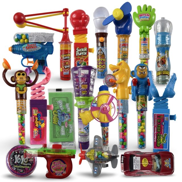 Fun Candy With Built-In Toys Box | 15 Retail-Size Functional Toy Candy Items | Box Varies | Includes Grinders, Cars, Fans, Clackers & More