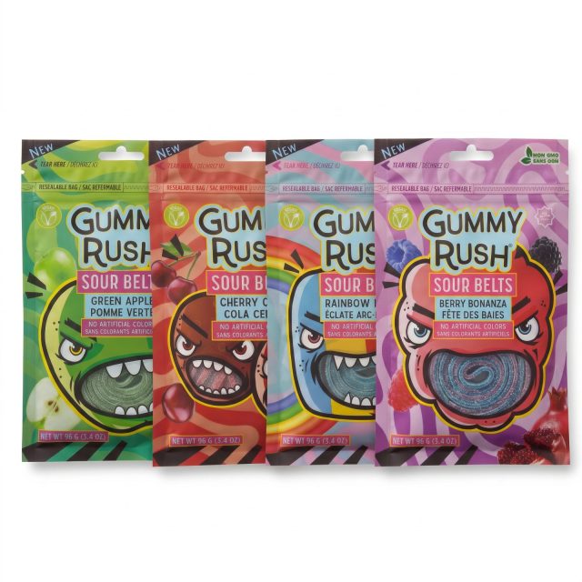 Gummy Rush Sour Belts, 3.4oz Bag, Bold & Classic Variety | Rainbow, Berry Bonanza, Green Apple, Cherry Cola