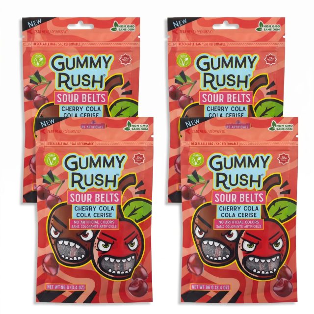 Gummy Rush Sour Belts, 3.4oz Bag, Non GMO, Real Fruit Juice, No Artificial Colors, Top 6 Allergen Free | Cherry Cola