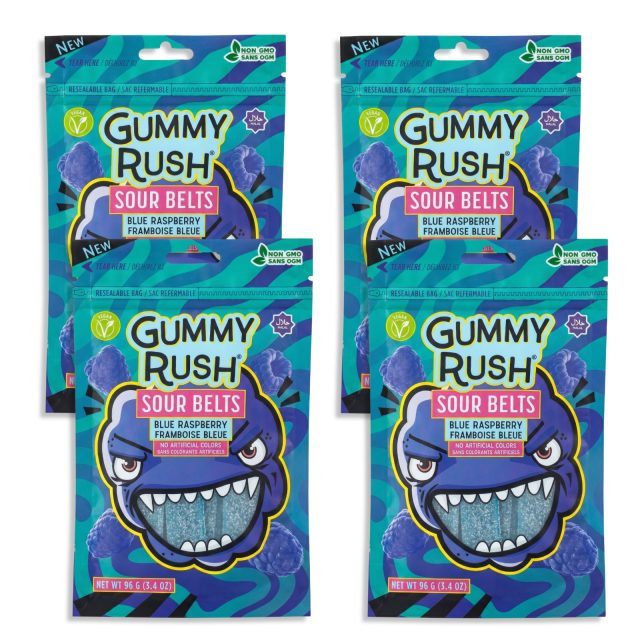 Gummy Rush Sour Belts, 3.4oz Bag, Non GMO, Real Fruit Juice, No Artificial Colors, Top 6 Allergen Free | Blue Raspberry