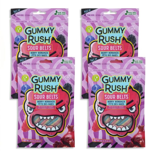 Gummy Rush Sour Belts, 3.4oz Bag, Non GMO, Real Fruit Juice, No Artificial Colors, Top 6 Allergen Free | Berry Bonanza