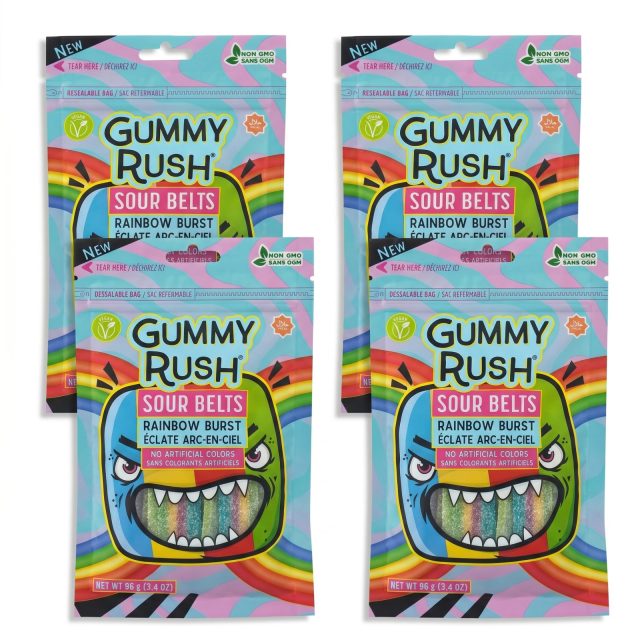 Gummy Rush Sour Belts, 3.4oz Bag, Non GMO, Real Fruit Juice, No Artificial Colors, Top 6 Allergen Free | Rainbow Burst