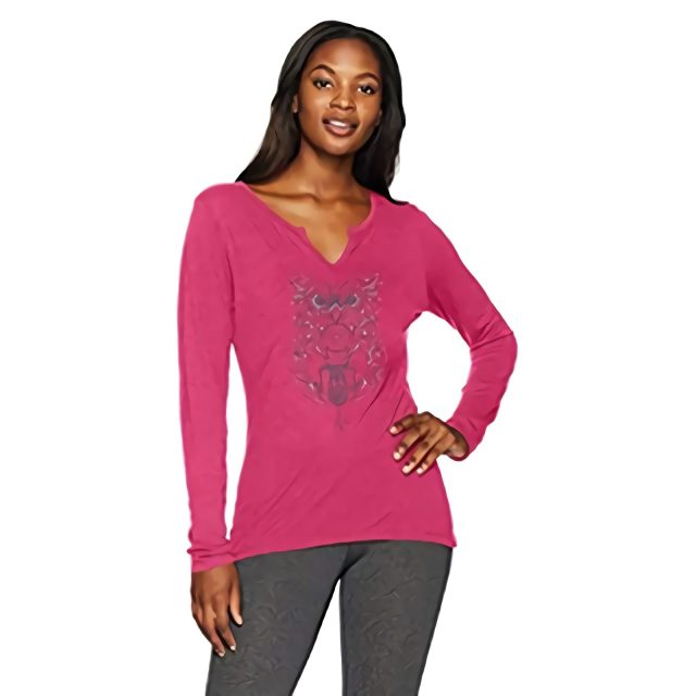 Hanes Women's Split Neck Graphic Long Sleeve Tee, Glitter owl/deep Raspberry Heather, Small