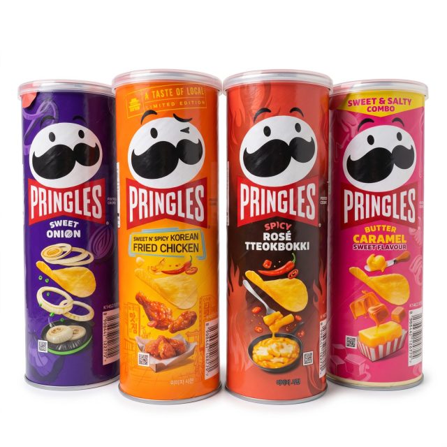 Korean Pringles Exotic Flavor Variety Pack 4 Cans, Rotating Flavors Weekly, May Include Hot Tteokbokki, Korean Fried Chicken, Sweet Onion & Butter Caramel