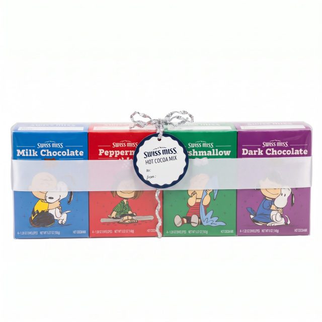 Swiss Miss Peanuts Hot Cocoa Gift Pack, 4 Flavors, 16 Cocoa Envelopes, Snoopy Christmas Gift Set with Gift Tag