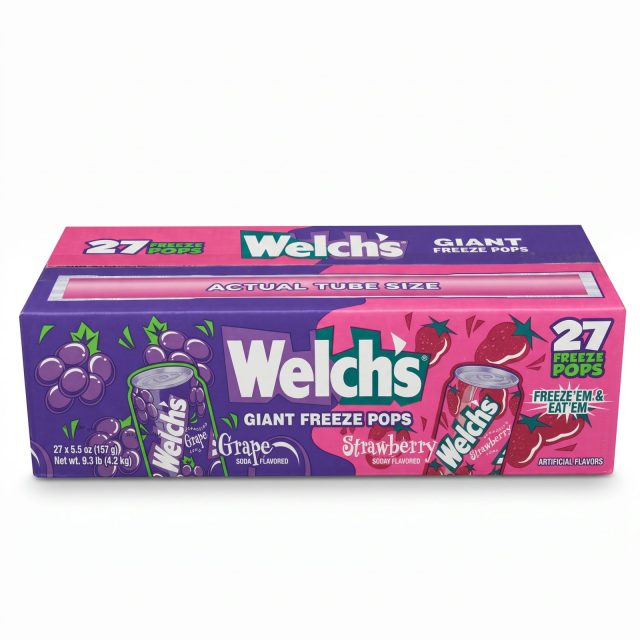 Welch's Soda Giant Freeze Pops, 27 Count, 5.5 oz Each, 15+ Inches Long, Grape Soda & Strawberry Soda Flavors